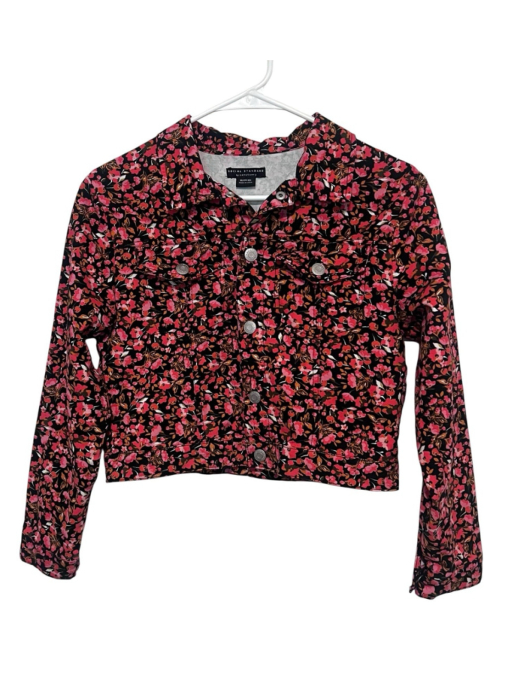 Social Standard By Sanctuary Floral Crop Denim Jacket Girls XL 14 16 Black Pink
